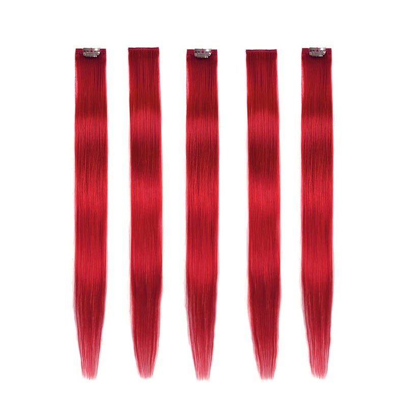 Winsky Red Hair Extensions Clip in Human Hair - 100% Straight Party Highlights Clip on Colored Hair Extensions 5 Pieces/Set (18inch,Red) - Image 1